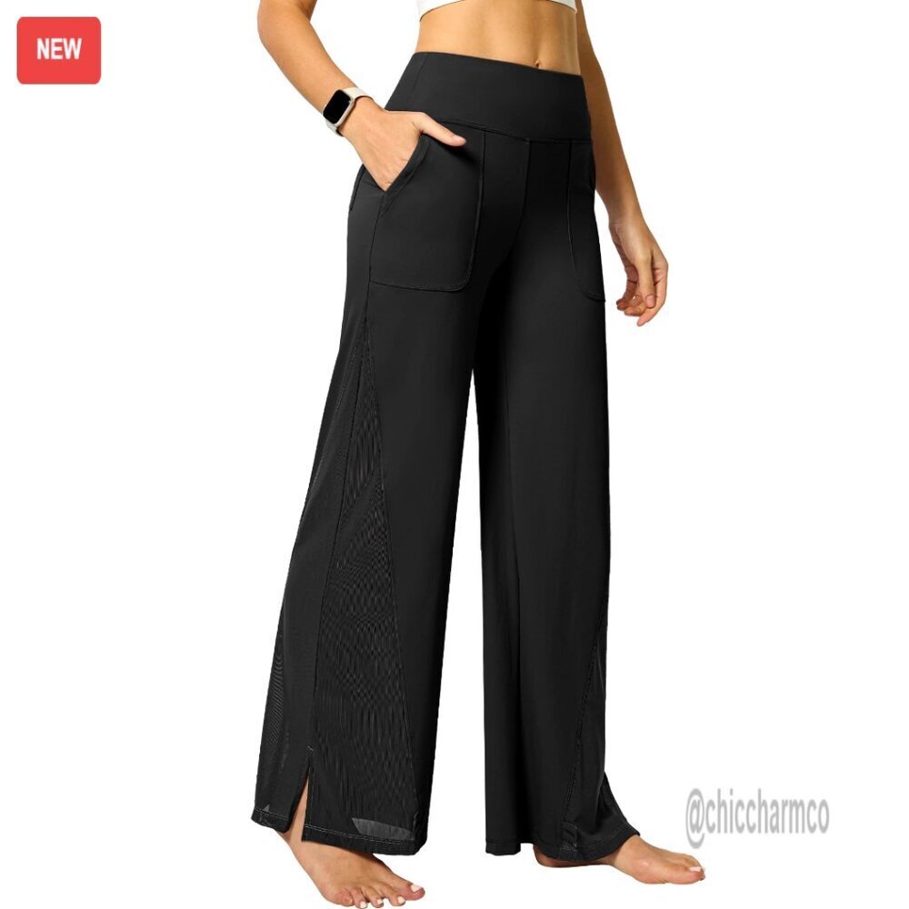 Wide Leg Yoga Pants Adjustable Hem High Waist Pockets Workout Casual